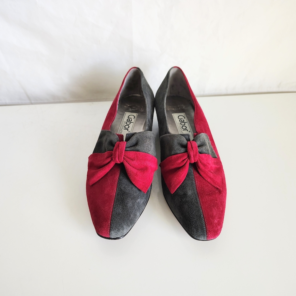Gabor International Two-Tone Wine Color and Gray Suede Bow Low Pumps Women's